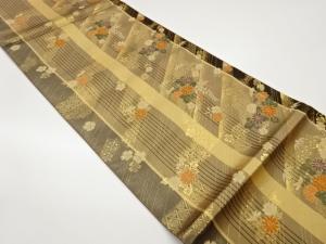 縞に菊・桜・笹模様織出し袋帯